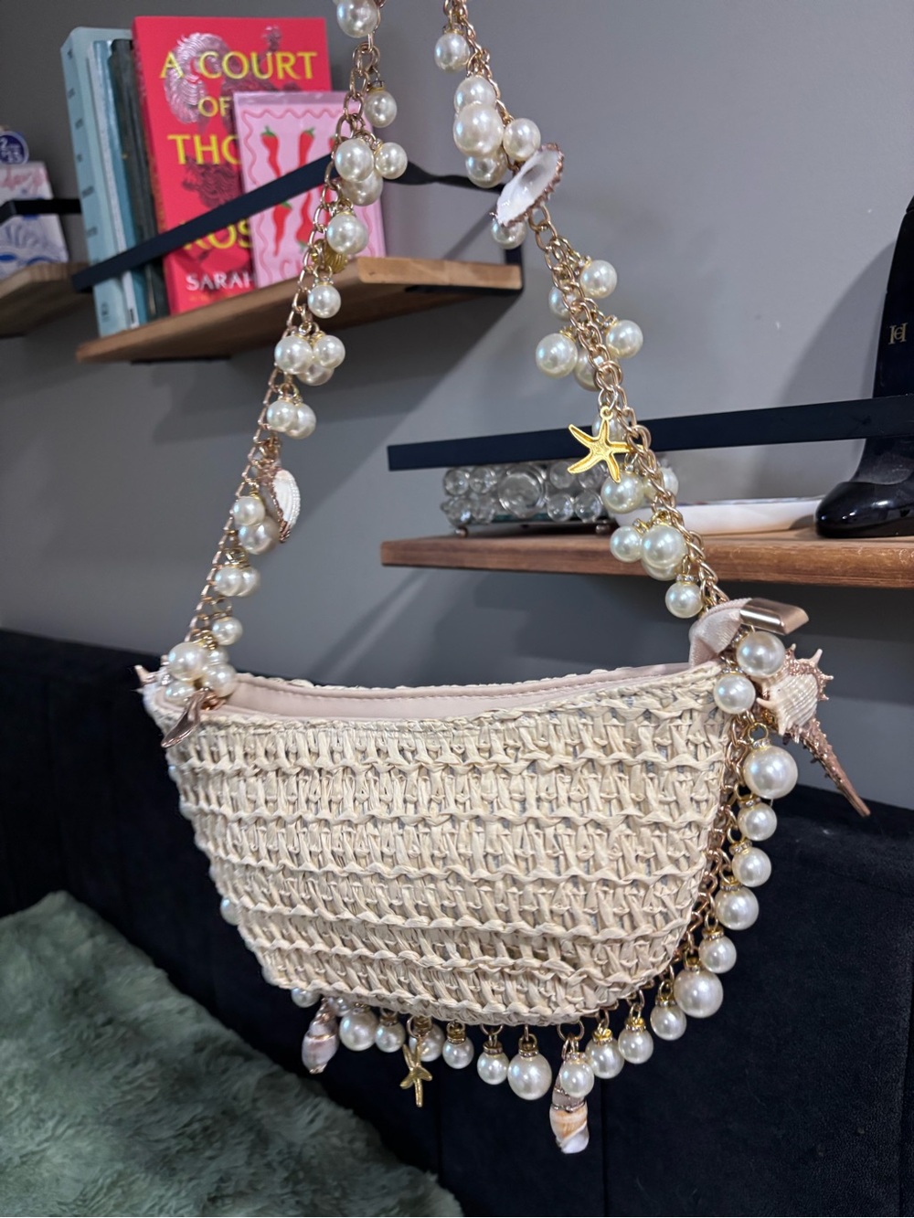 Pearl & Shell Accent Woven Shoulder Bag in Cream